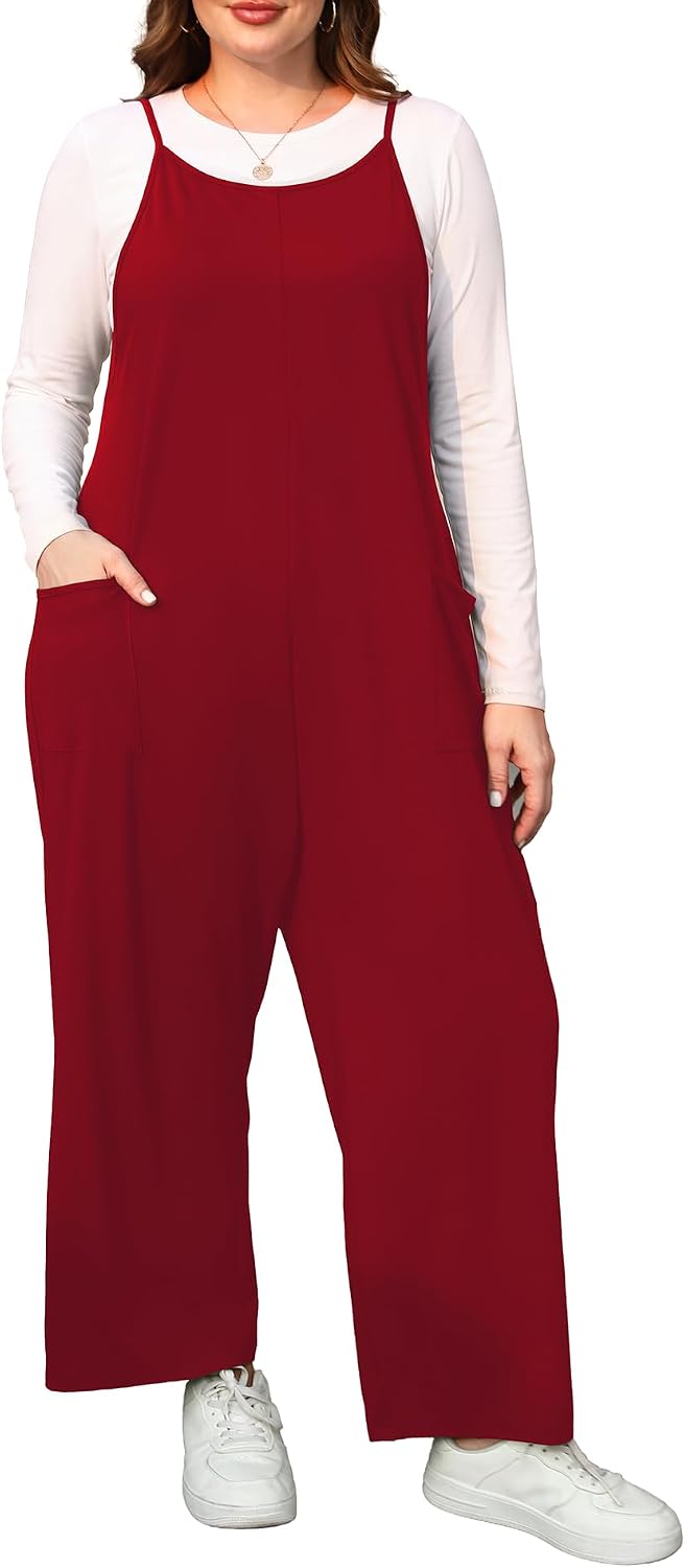 ZHUHOUSE sleeveless wide-leg plus size jumpsuit in red, worn over a grey tee