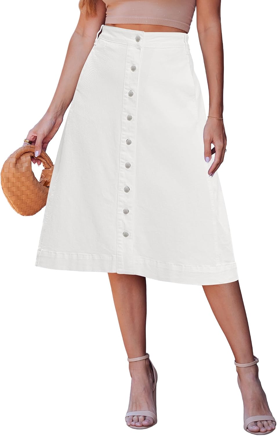 luvamia button-down midi denim skirt in cream white, A-line, on a model