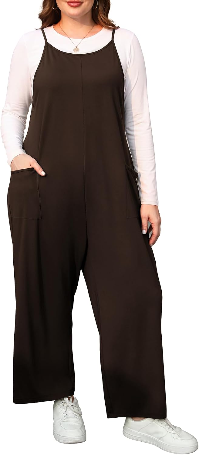 ZHUHOUSE sleeveless wide-leg plus size jumpsuit in brown, worn over a grey tee