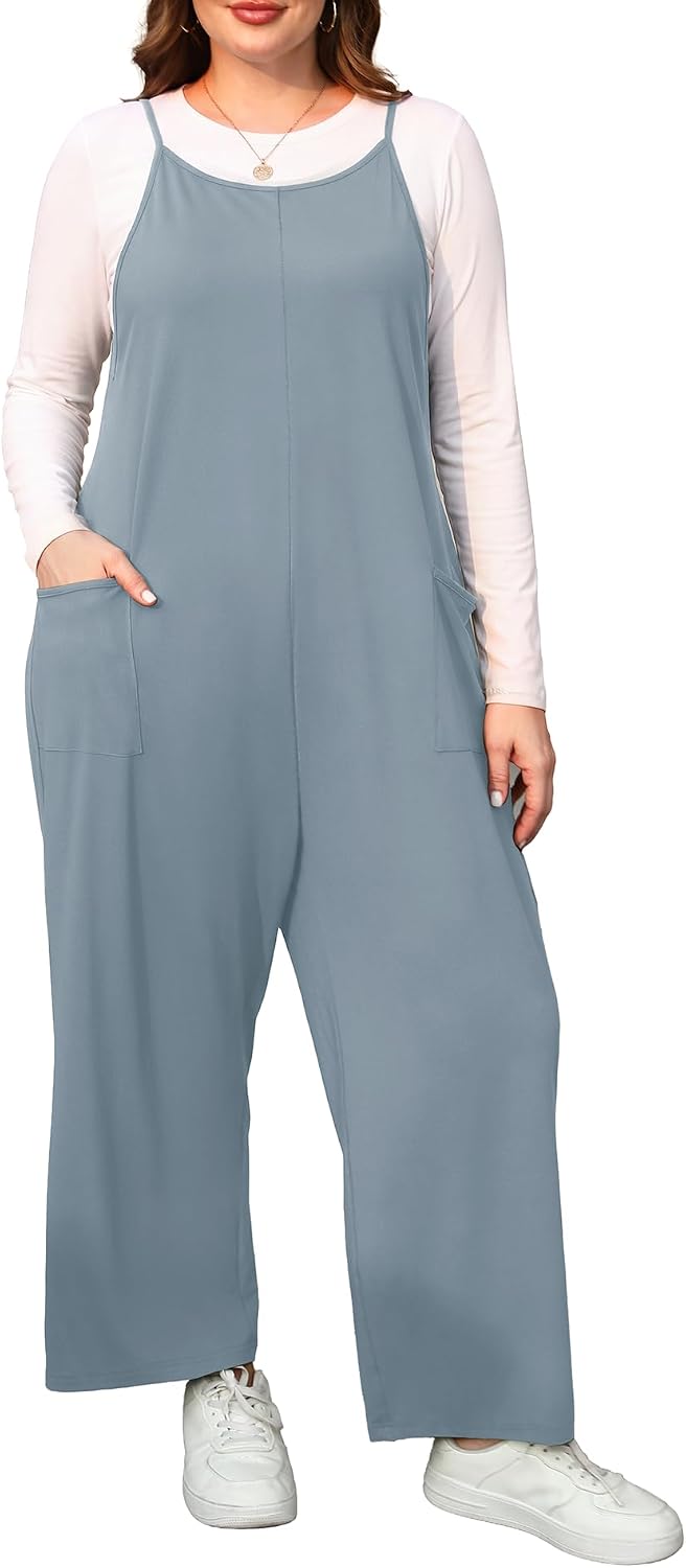 ZHUHOUSE sleeveless wide-leg plus size jumpsuit in light blue, worn over a grey tee
