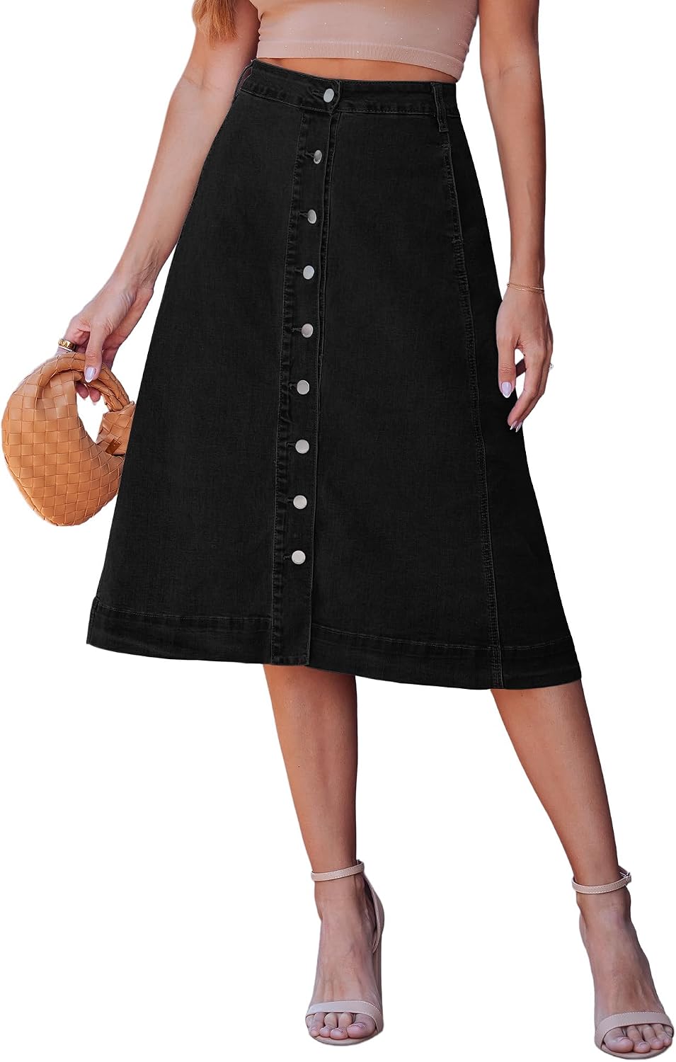 luvamia button-down midi denim skirt in black, A-line, on a model