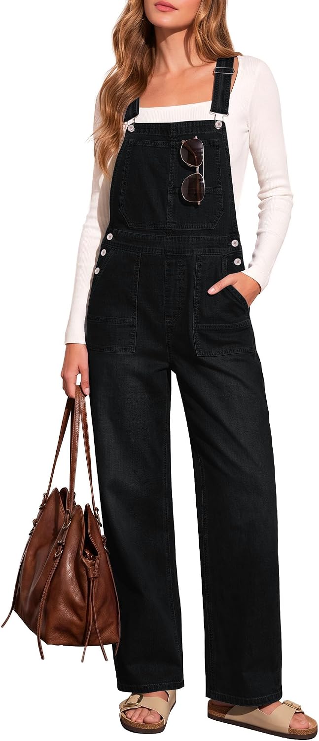 LookbookStore straight-leg denim bib overalls in black, worn over a white long-sleeve tee