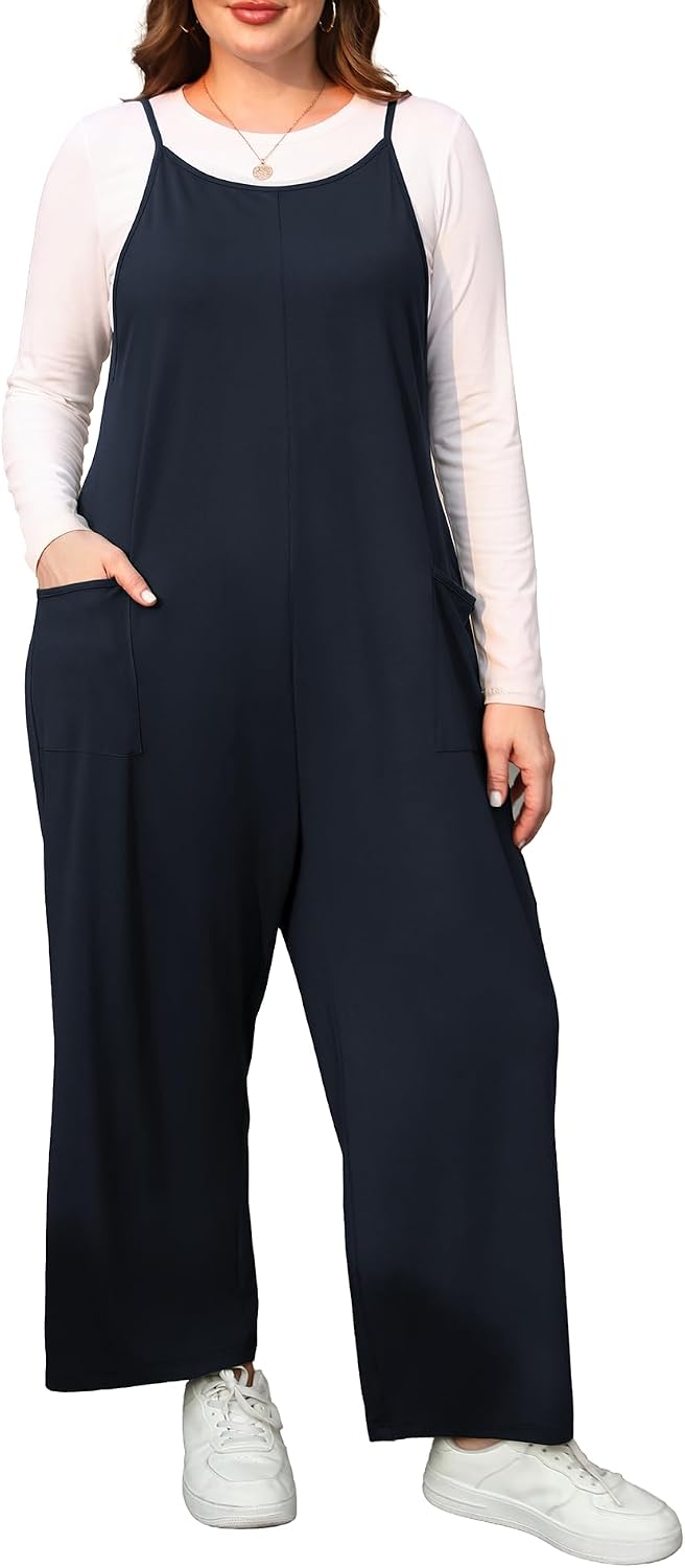 ZHUHOUSE sleeveless wide-leg plus size jumpsuit in navy, worn over a grey tee