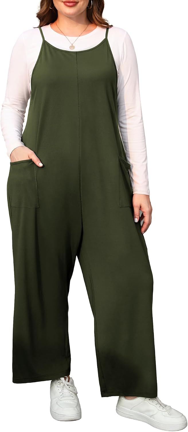 ZHUHOUSE sleeveless wide-leg plus size jumpsuit in olive green, worn over a grey tee