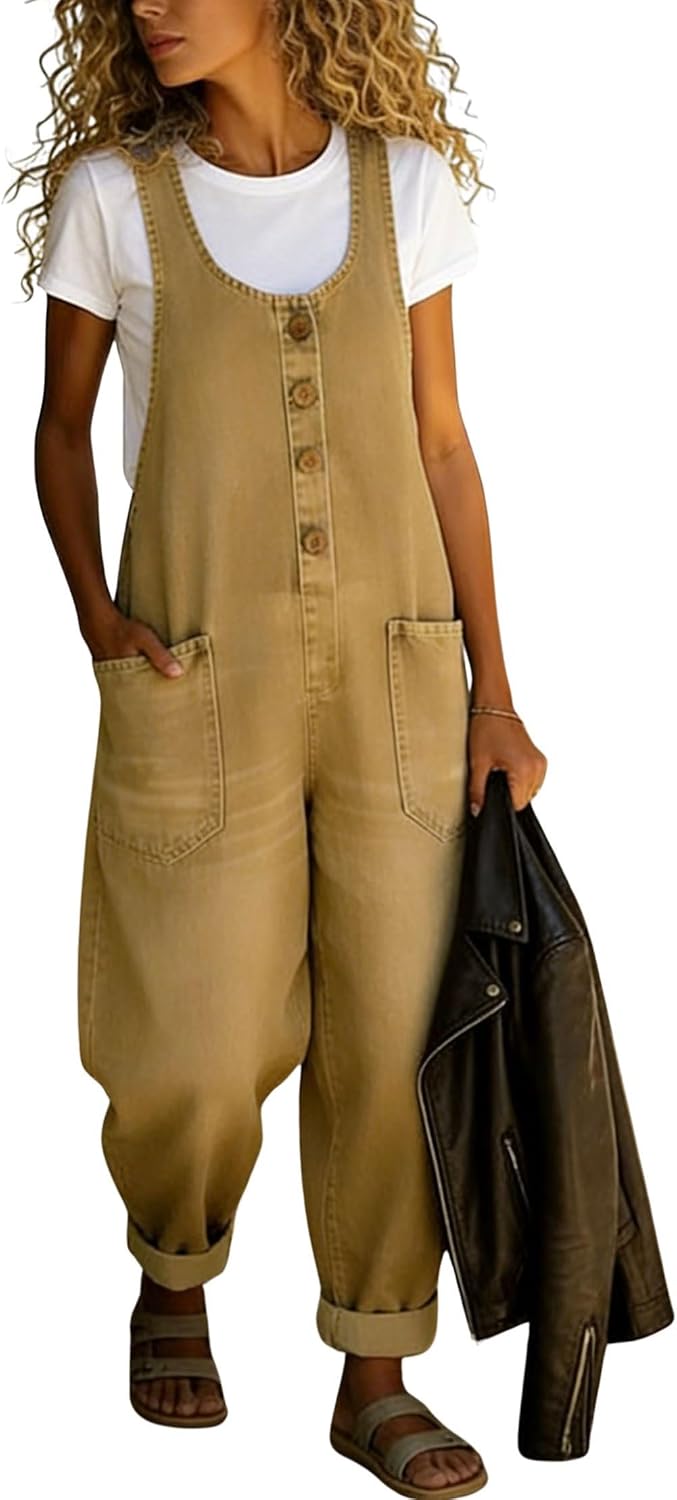 chouyatou wide-leg denim bib overalls in khaki, baggy fit, on a model