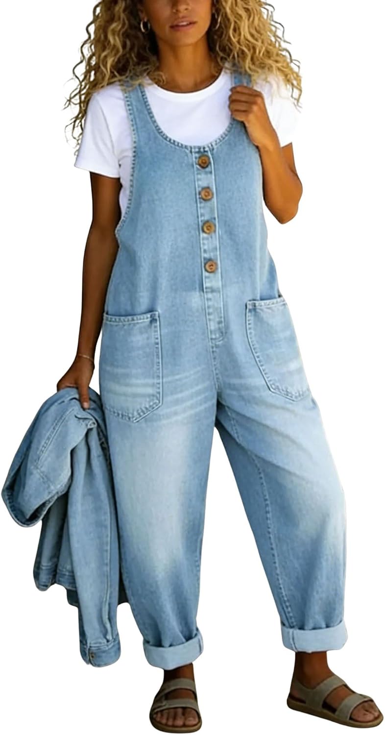 chouyatou wide-leg denim bib overalls in a medium blue wash, baggy fit, on a model