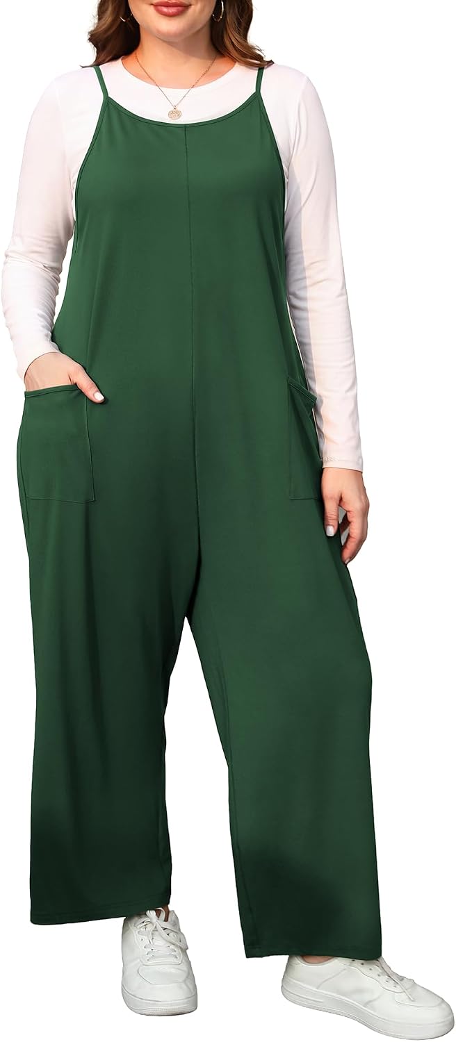ZHUHOUSE sleeveless wide-leg plus size jumpsuit in dark green, worn over a grey tee