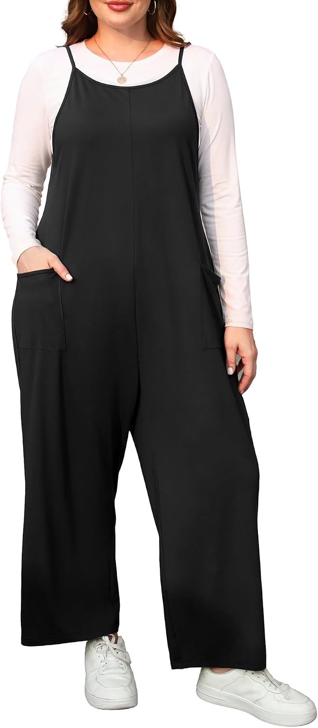 ZHUHOUSE sleeveless wide-leg plus size jumpsuit in black, worn over a grey tee