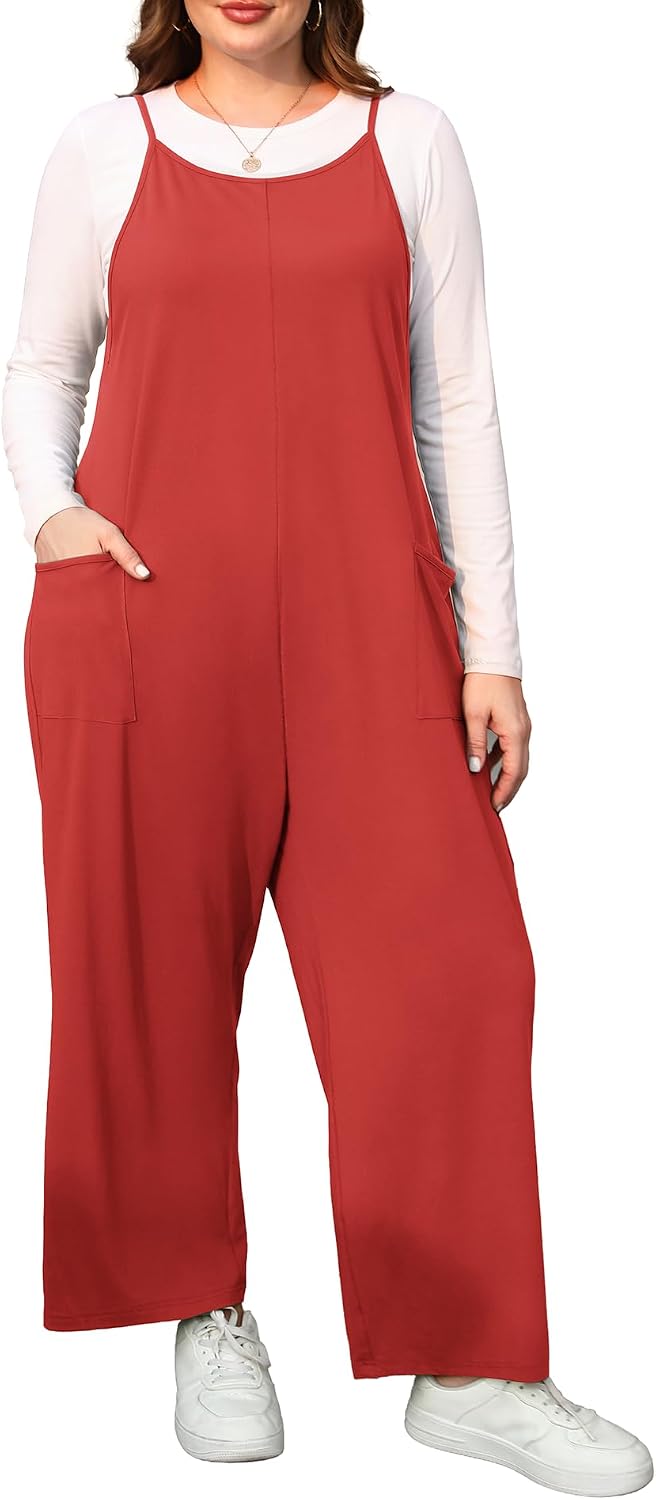 ZHUHOUSE sleeveless wide-leg plus size jumpsuit in red, full length on a model