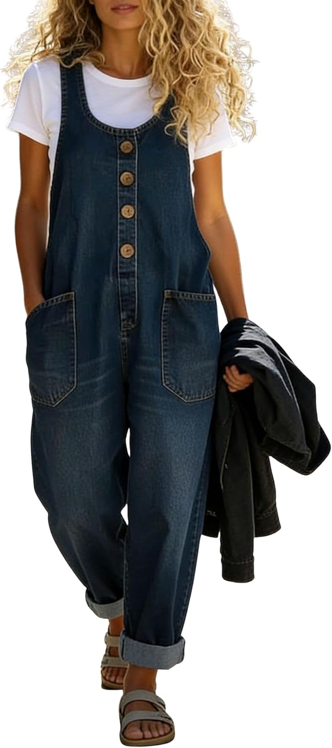 chouyatou wide-leg denim bib overalls in a dark blue wash, baggy fit, on a model