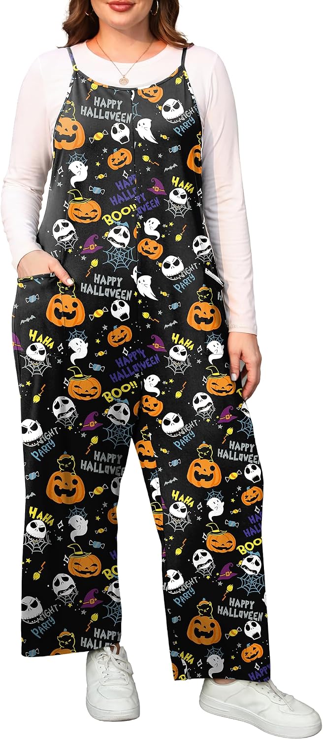 ZHUHOUSE sleeveless wide-leg plus size jumpsuit in a black floral print, worn over a grey tee