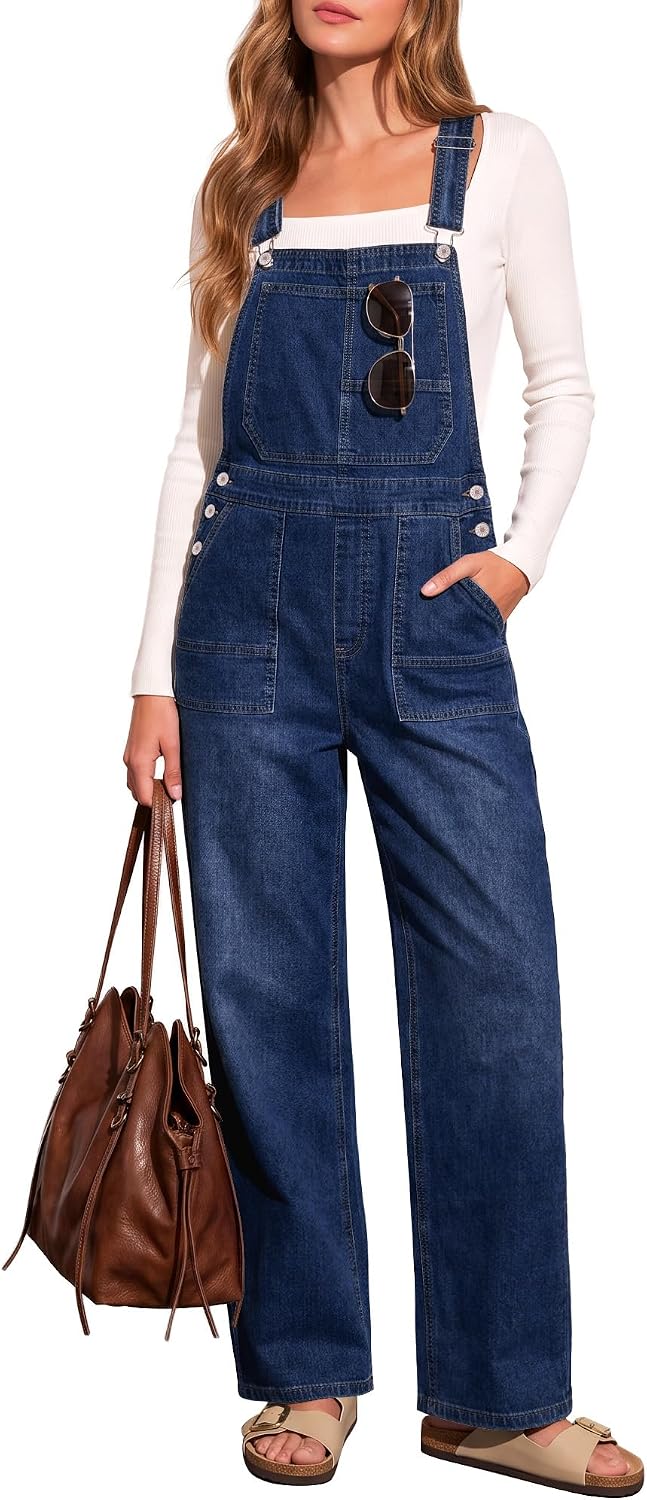 LookbookStore straight-leg denim bib overalls in a medium blue wash, worn over a white long-sleeve tee