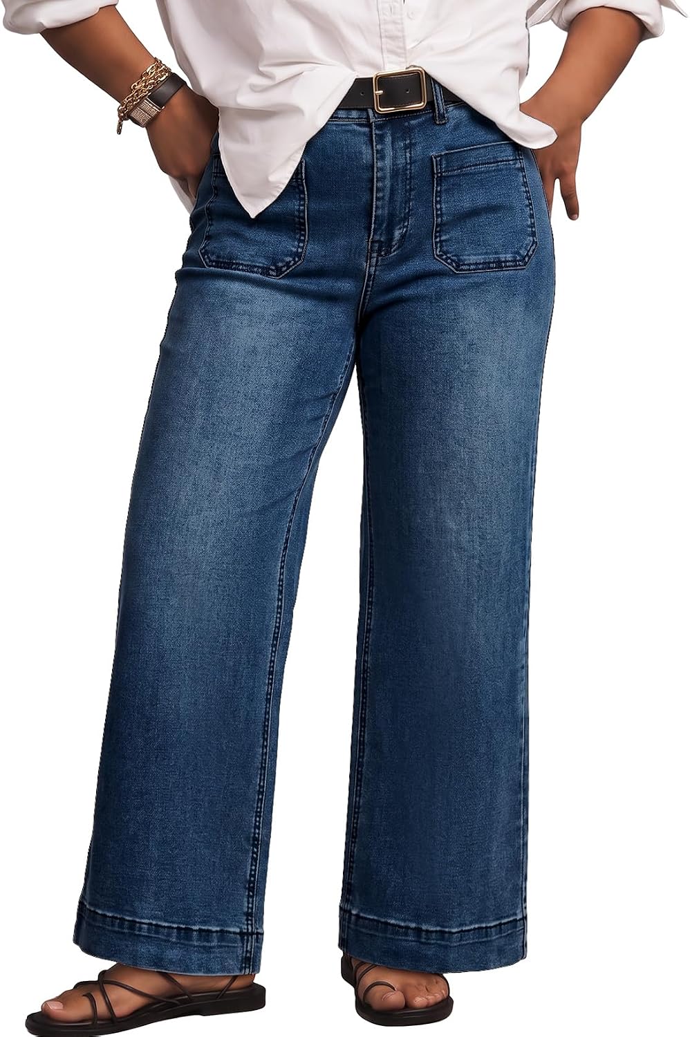 Eytino high-waisted plus size jeans in dark navy, wide leg, full length on a model