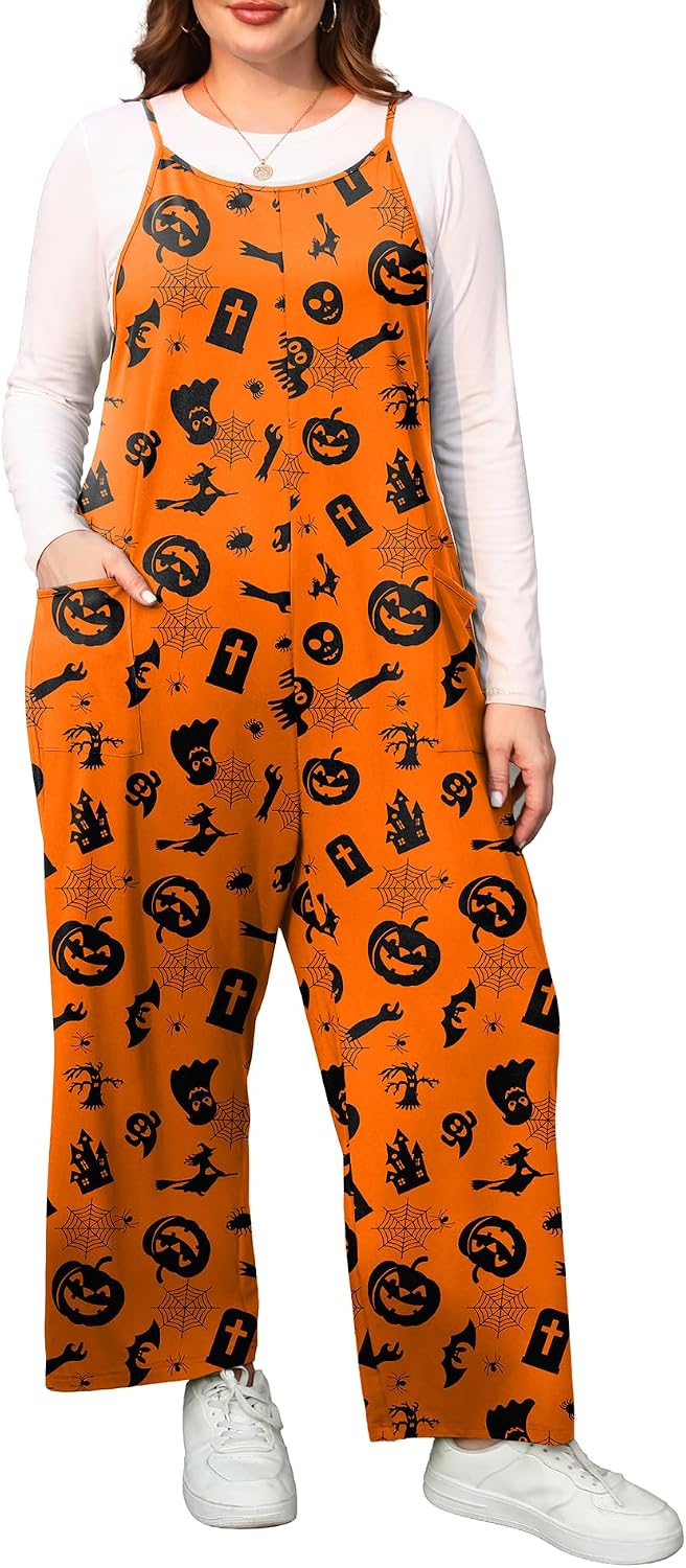 ZHUHOUSE sleeveless wide-leg plus size jumpsuit in an orange pumpkin print, worn over a grey tee