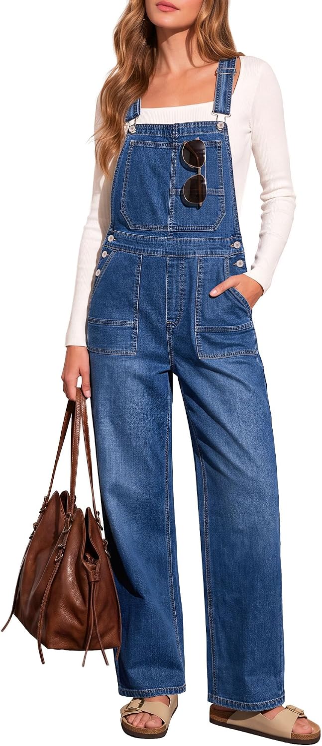 LookbookStore straight-leg denim bib overalls in a medium blue wash, front view on a model