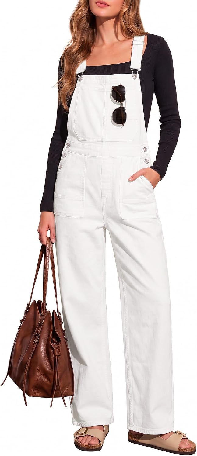LookbookStore straight-leg denim bib overalls in cream white, worn over a black and white raglan tee