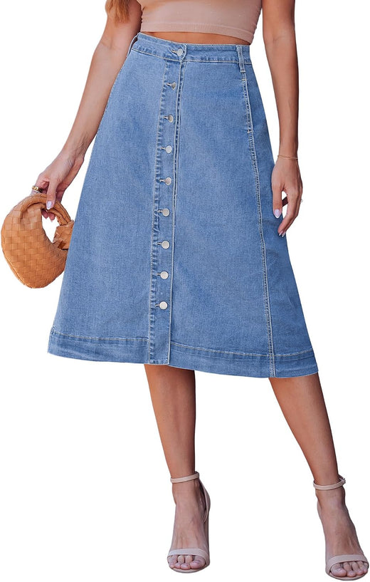 luvamia button-down midi denim skirt in a medium blue wash, A-line, on a model