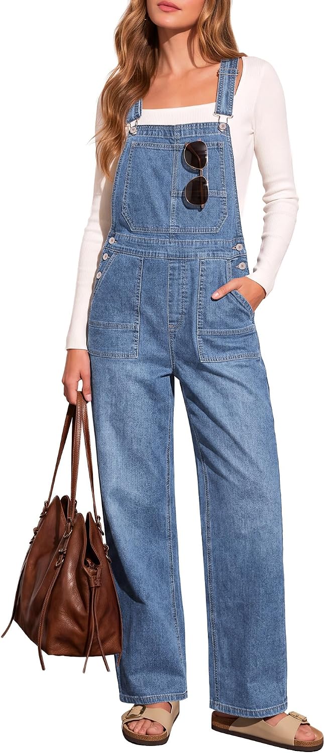 LookbookStore straight-leg denim bib overalls in a light blue wash, front view on a model