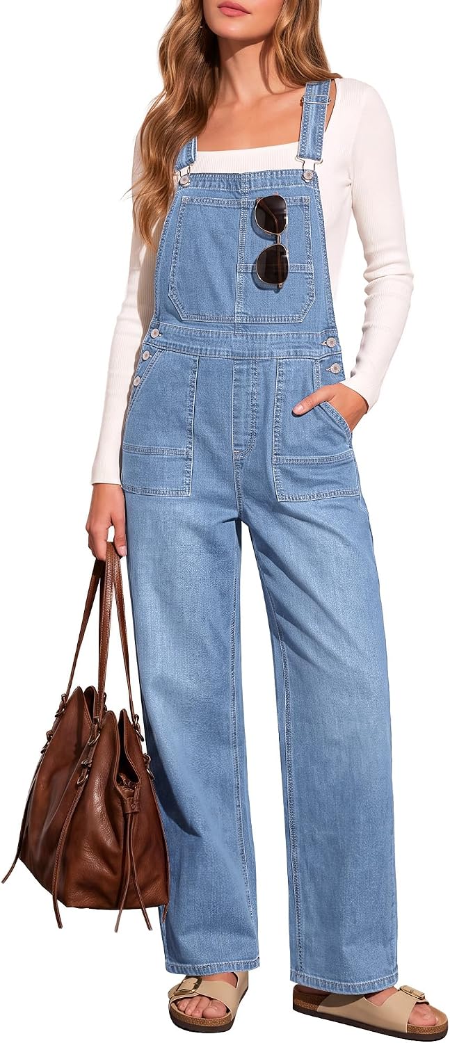 LookbookStore straight-leg denim bib overalls in a light blue wash, worn over a white long-sleeve tee