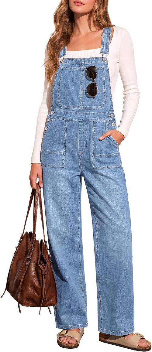 LookbookStore straight-leg denim bib overalls in a light blue wash, worn over a white long-sleeve tee