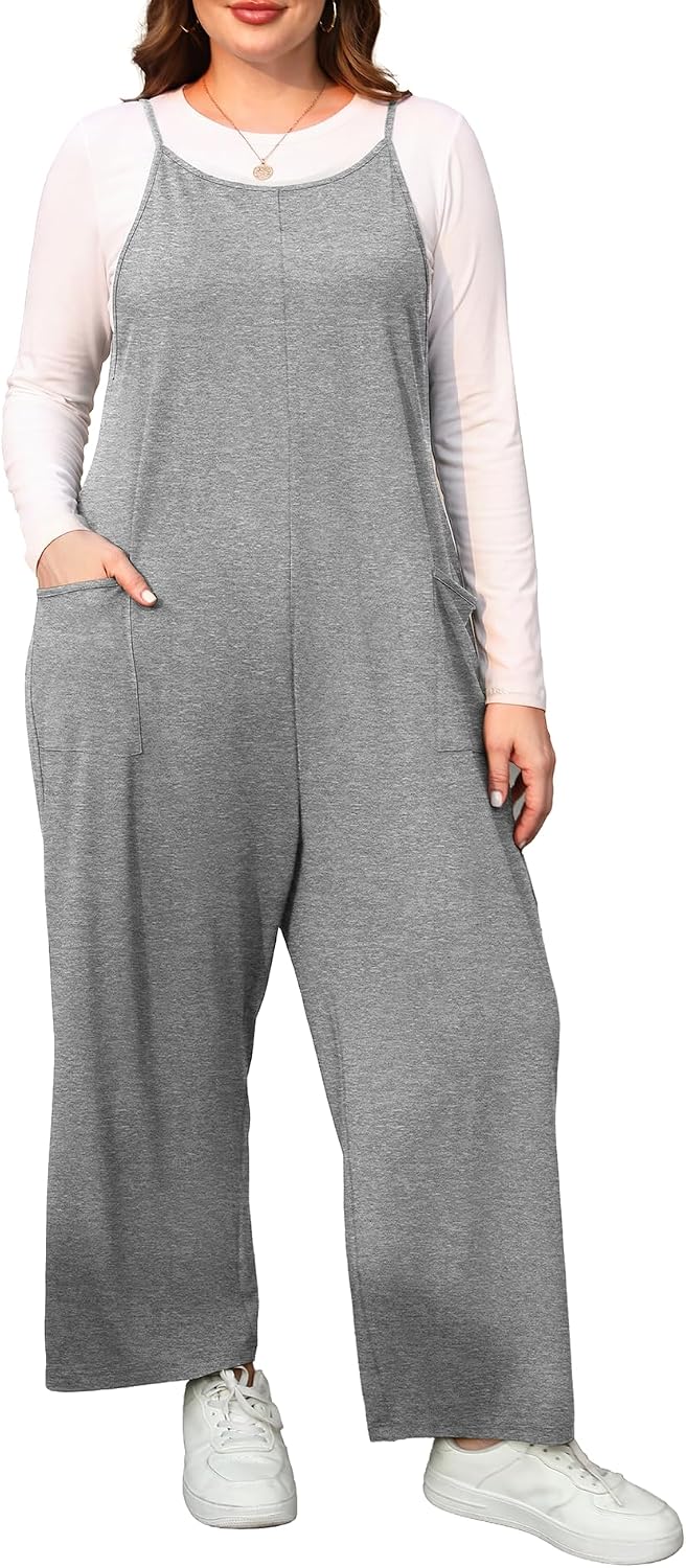 ZHUHOUSE sleeveless wide-leg plus size jumpsuit in light grey, worn over a grey tee