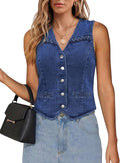luvamia sleeveless denim vest in a dark blue wash, buttoned, worn with jeans