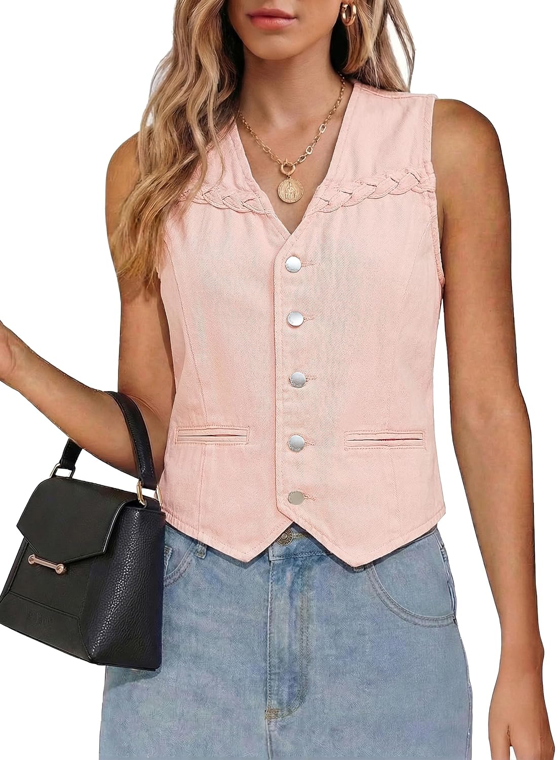 luvamia sleeveless denim vest in pale pink, buttoned, worn with jeans