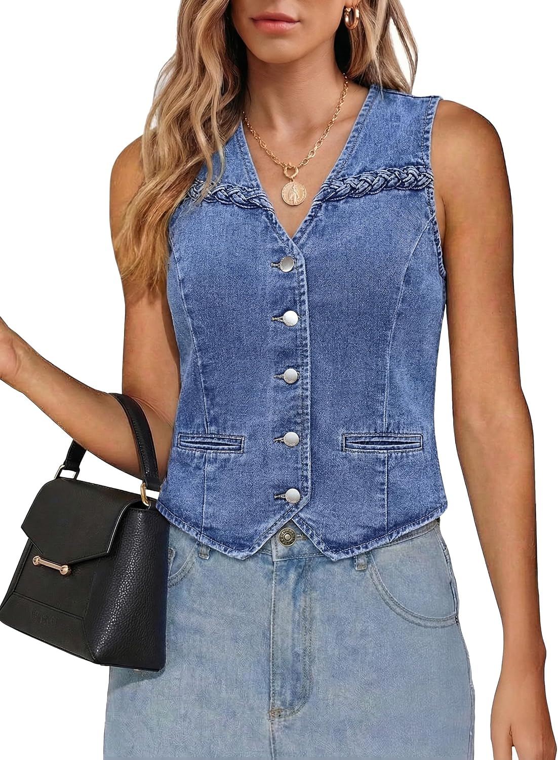 luvamia sleeveless denim vest in a medium blue wash, front view on a model