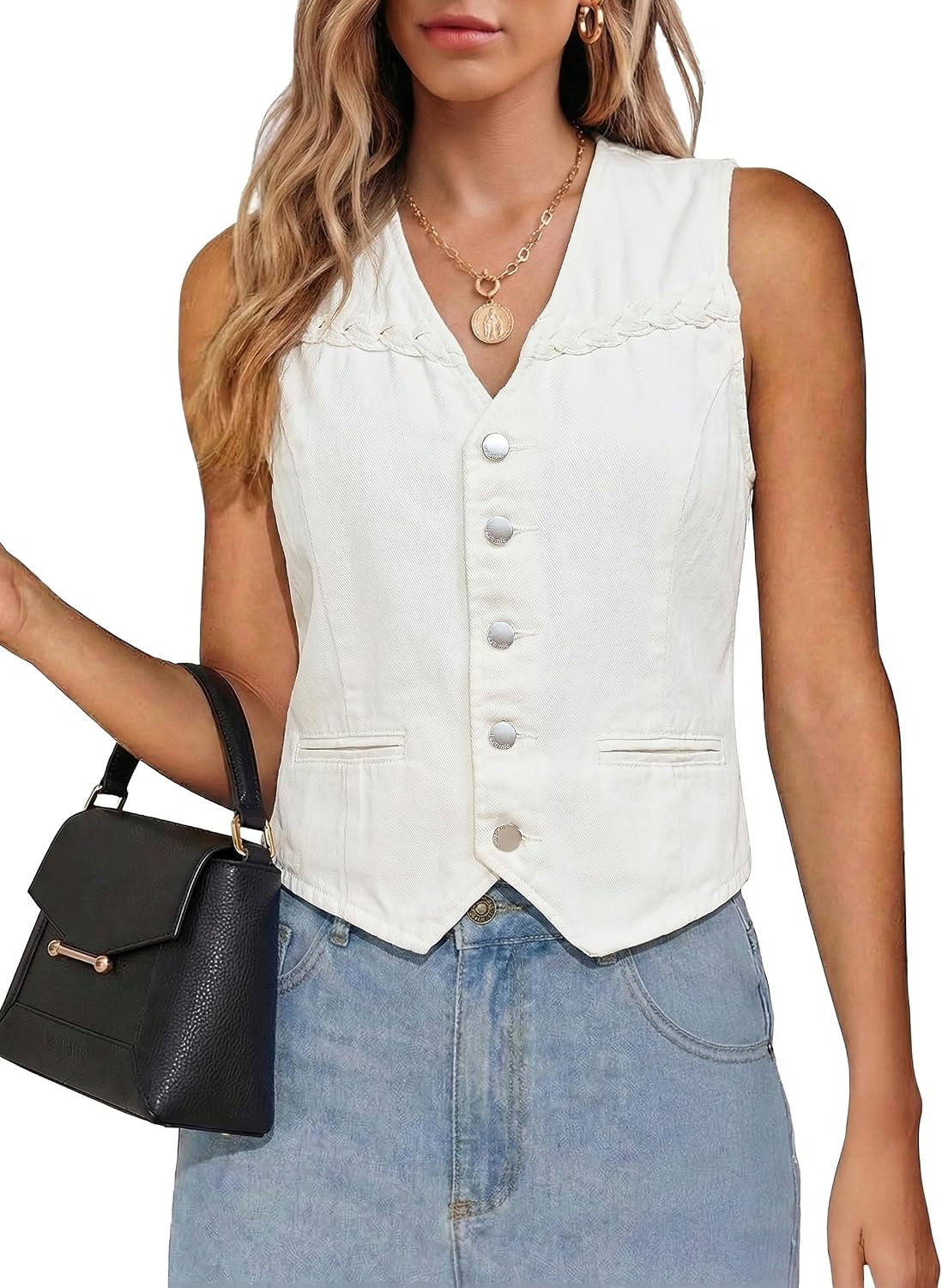 luvamia sleeveless denim vest in cream white, buttoned, worn with jeans