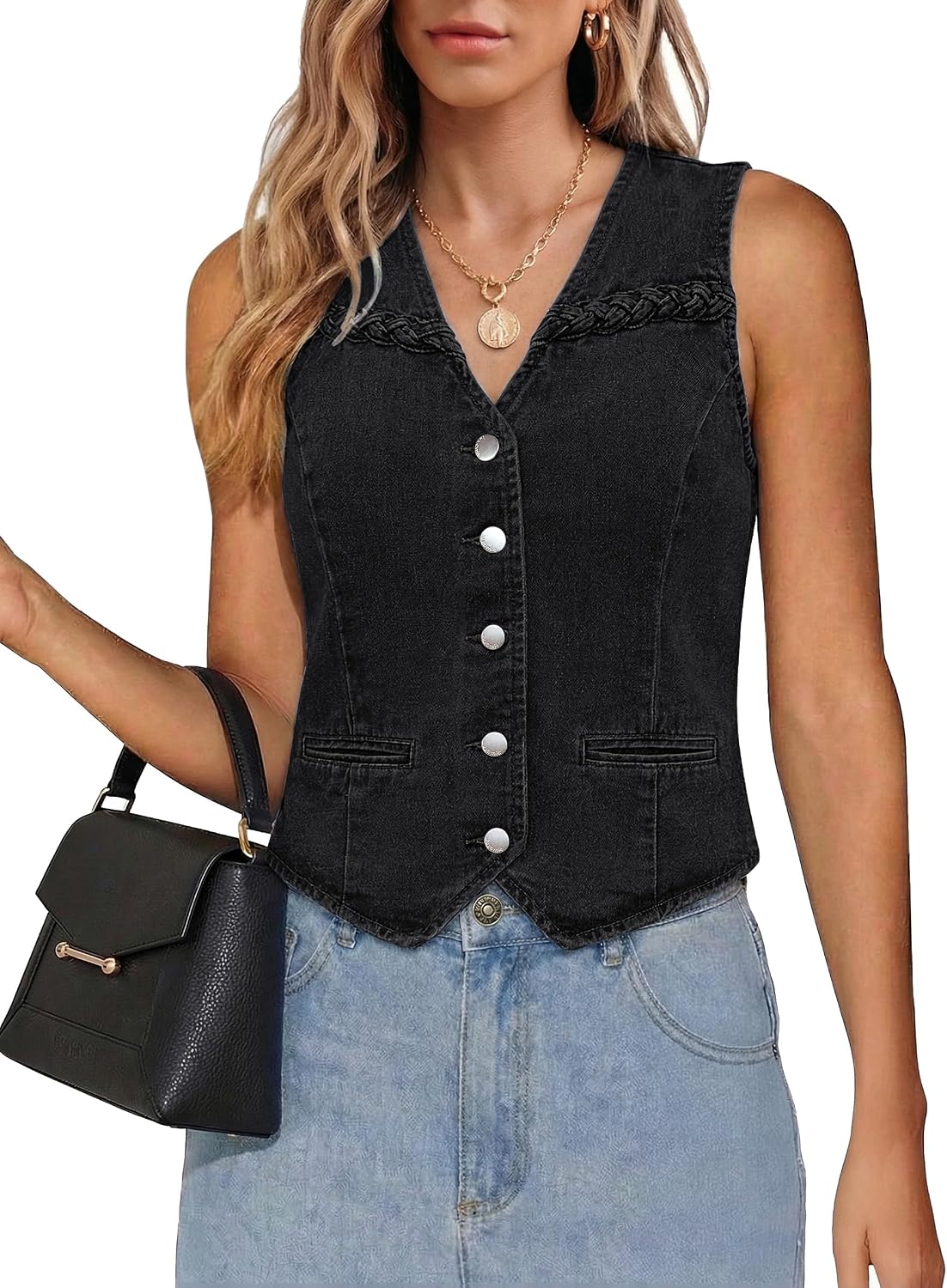 luvamia sleeveless denim vest in black, buttoned, worn with jeans