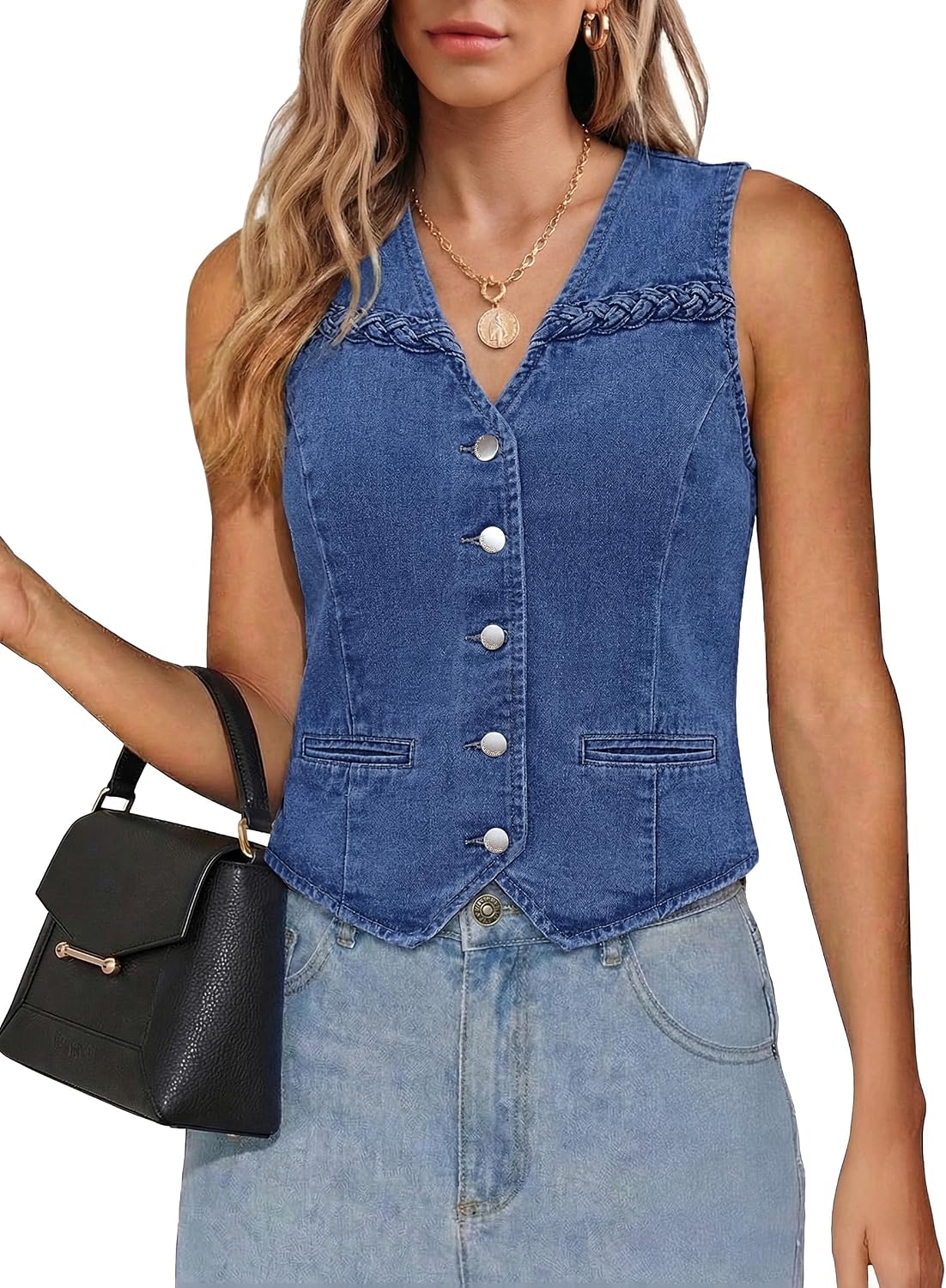 luvamia sleeveless denim vest in a light blue wash, front view on a model
